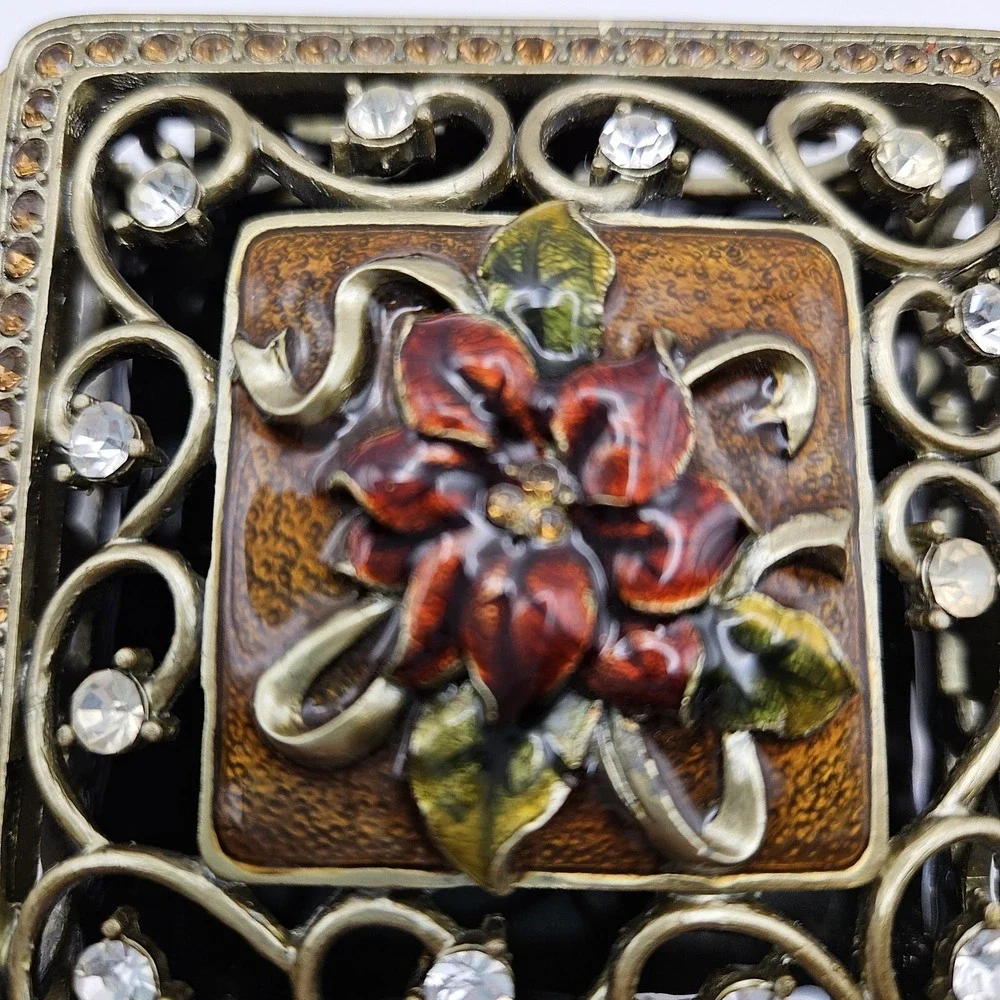 Ornate Square Enamel Floral Filigree Trinket Box with Rhinestone Accents 3